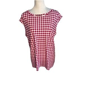 Liz Claiborne Red White Rose Gingham Check Print Jewel front  Keyhole Sz XL NEW